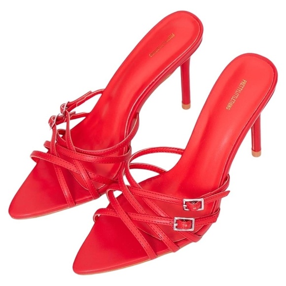 PrettyLittleThing Shoes - PRETTYLITTLETHING • Red Point Toe Criss Cross Buckle Strap Heeled Mules Heels